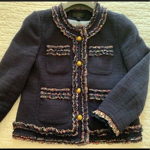 J.Crew navy boucle jacket with liberty print trim